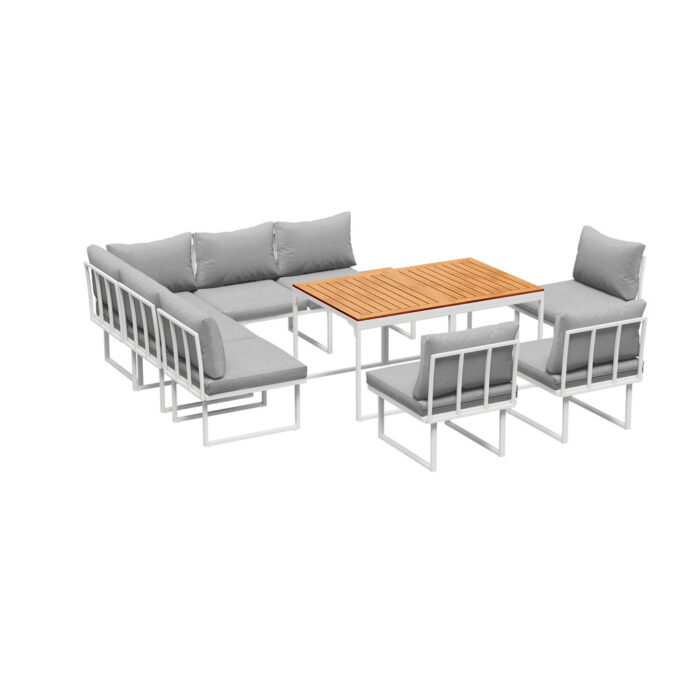 Livsip 8 Seater Outdoor Dining Sofa Set with Side Table White - Image 2