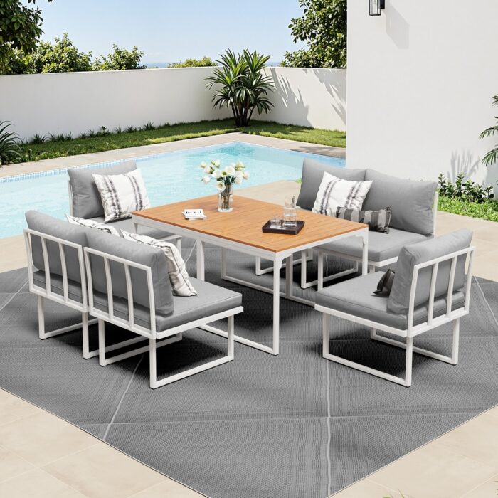 Livsip 6 Seater Outdoor Dining Sofa Set with Cushions White - Image 3
