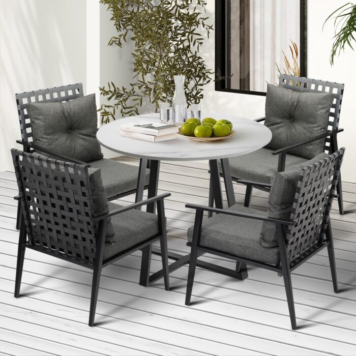 Livsip Outdoor Dining Set 4 Seater Marble Table Rattan Armchair - Image 6