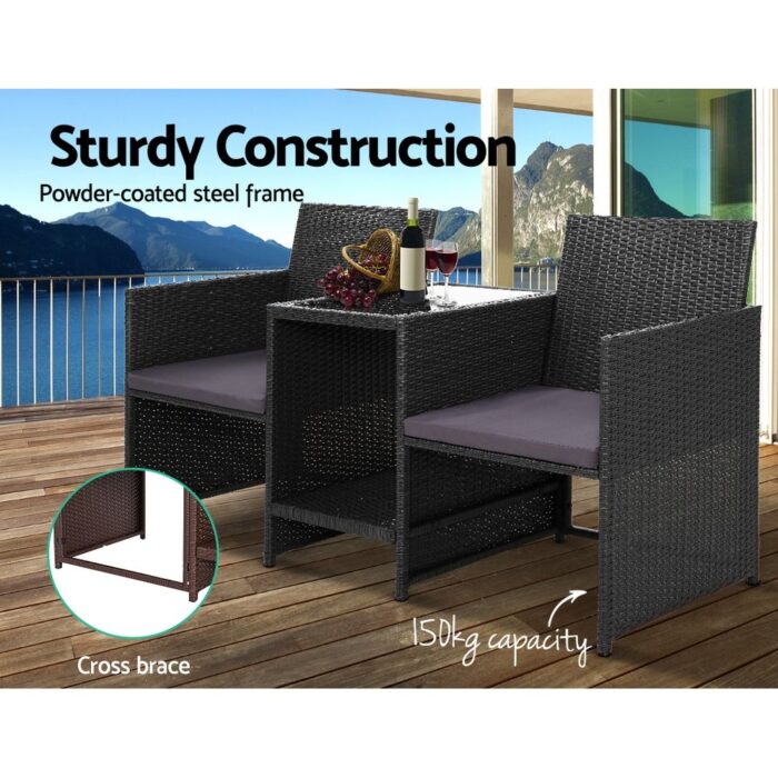 Gardeon Outdoor Setting Wicker Loveseat Birstro Set Patio Garden Furniture Black - Image 4