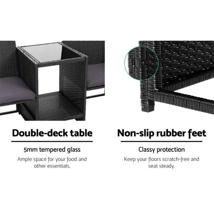 Gardeon Outdoor Setting Wicker Loveseat Birstro Set Patio Garden Furniture Black - Image 6