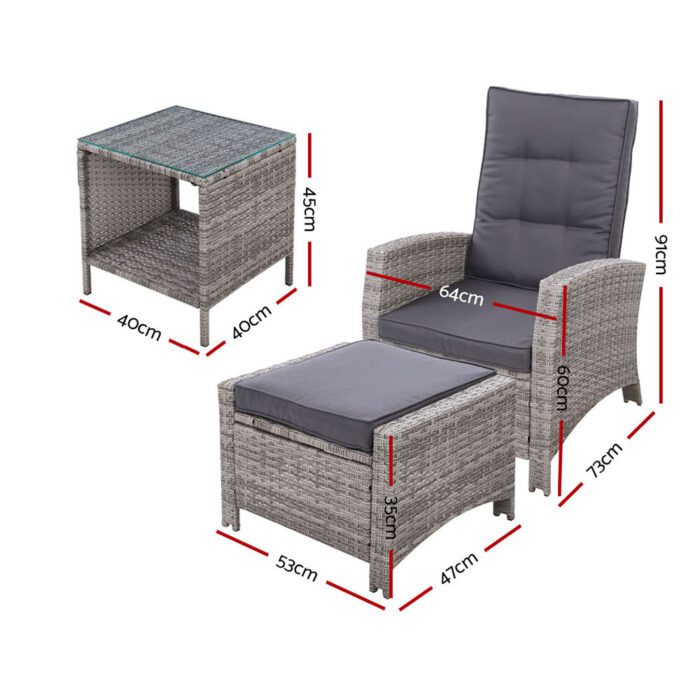Gardeon 5PC Recliner Chairs Table Sun lounge Wicker Outdoor Furniture Adjustable Grey - Image 2