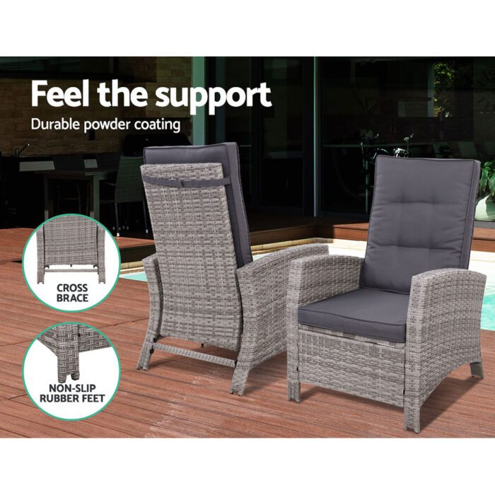 Gardeon 5PC Recliner Chairs Table Sun lounge Wicker Outdoor Furniture Adjustable Grey - Image 5
