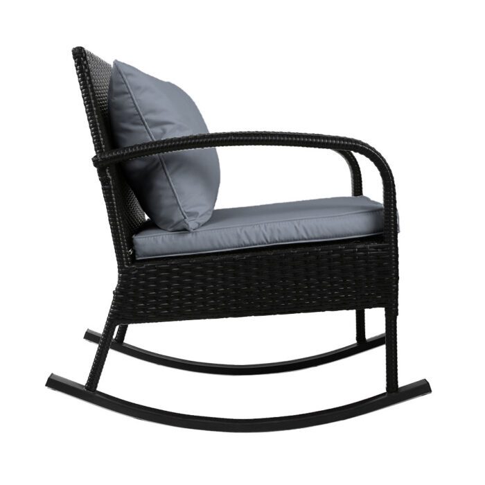 Gardeon Outdoor Furniture Rocking Chair Wicker Garden Patio Lounge Setting Black - Image 3