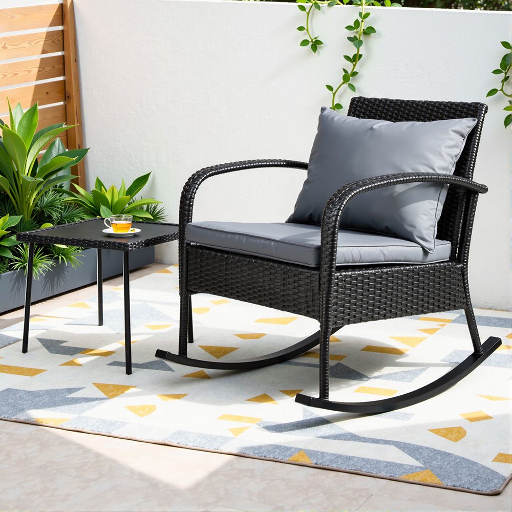 ODF-ROCK-E-CHTB-BK-15269-07 Gardeon 2PC Rocking Chair Table Wicker Outdoor Furniture Patio Lounge Setting - Image 1