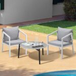 Livsip 3PCS Outdoor Patio Set 70cm Coffee Table White Chairs - Image 4