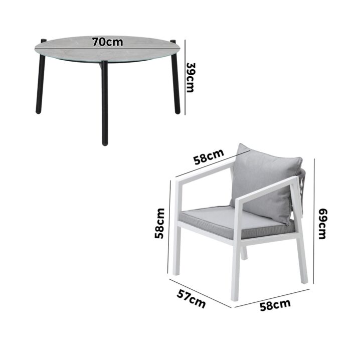 Livsip 3PCS Outdoor Patio Set 70cm Coffee Table White Chairs - Image 2