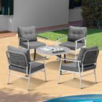 Livsip Outdoor Patio Set 5PC 70cm Table Grey and White Armchair - Image 6