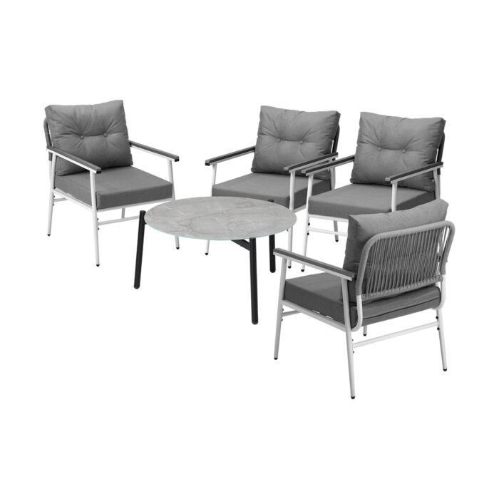 Livsip Outdoor Patio Set 5PC 70cm Table Grey and White Armchair - Image 5