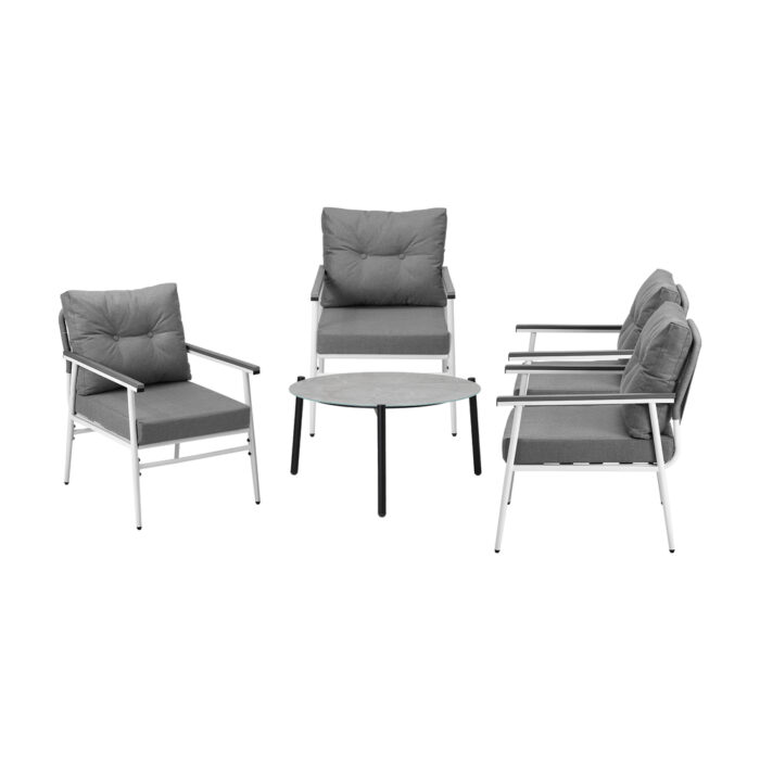Livsip Outdoor Patio Set 5PC 70cm Table Grey and White Armchair - Image 2