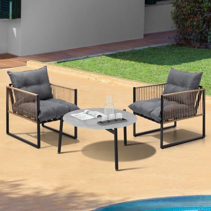 Livsip 3PCS Outdoor Patio Set Grey 70cm Coffee Table Rattan Chairs - Image 3