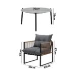 Livsip 3PCS Outdoor Patio Set Grey 70cm Coffee Table Rattan Chairs - Image 4