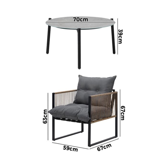 Livsip 3PCS Outdoor Patio Set Grey 70cm Coffee Table Rattan Chairs - Image 4