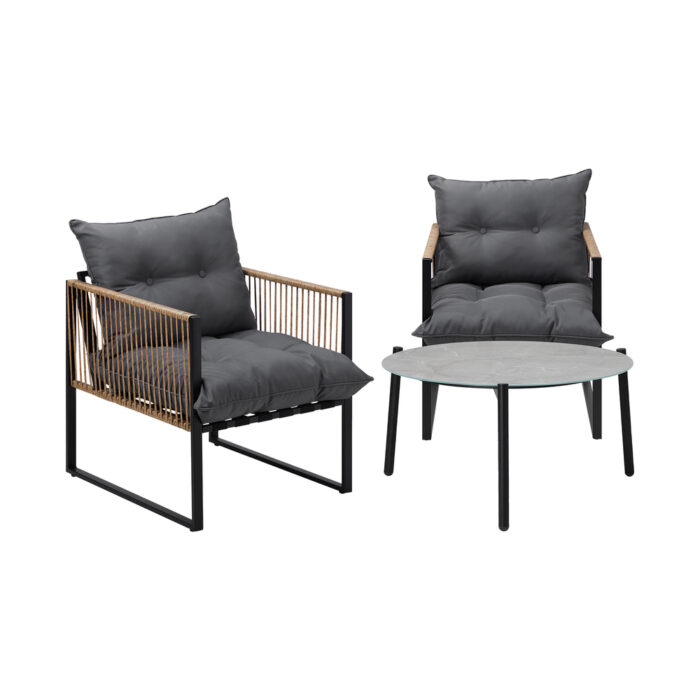Livsip 3PCS Outdoor Patio Set Grey 70cm Coffee Table Rattan Chairs - Image 5