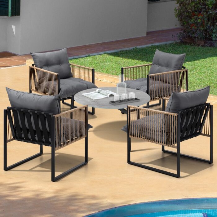 Livsip 5PCS Outdoor Patio Set 70cm Grey Coffee Table Rattan Chairs - Image 4
