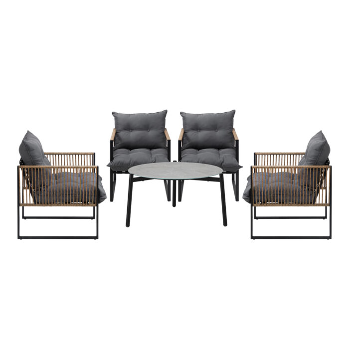 Livsip 5PCS Outdoor Patio Set 70cm Grey Coffee Table Rattan Chairs - Image 3