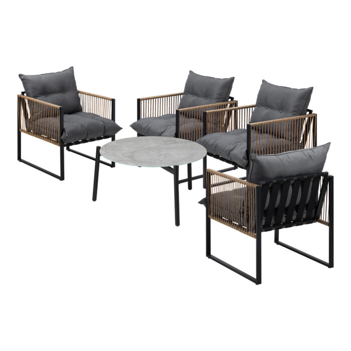 Livsip 5PCS Outdoor Patio Set 70cm Grey Coffee Table Rattan Chairs - Image 2