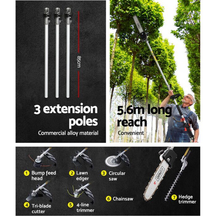 Giantz 62CC Pole Chainsaw Hedge Trimmer Brush Cutter Whipper 7-in-1 5.6m Black - Image 6