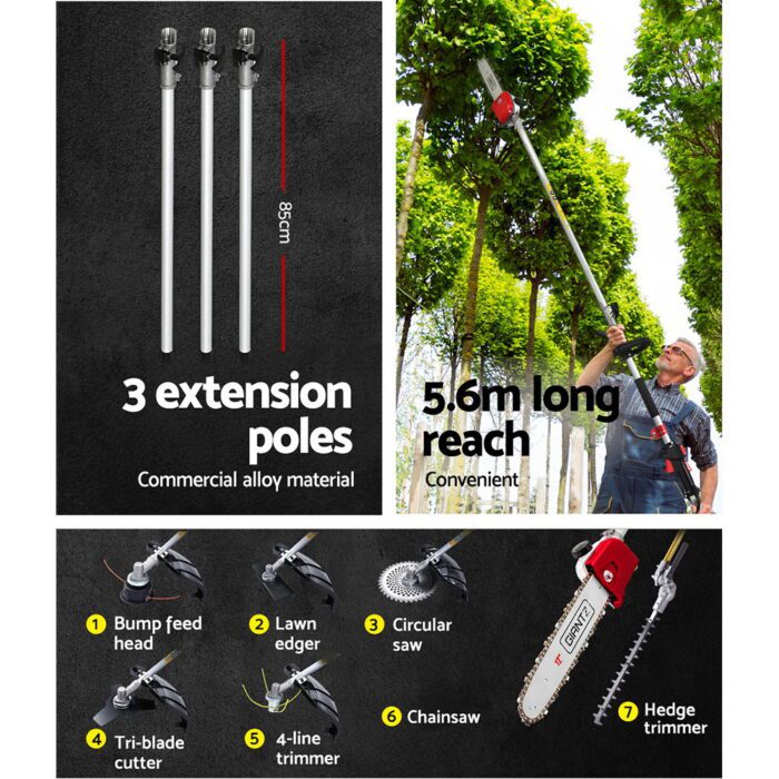 Giantz 62CC Pole Chainsaw Hedge Trimmer Brush Cutter Whipper 7-in-1 5.6m Red - Image 6