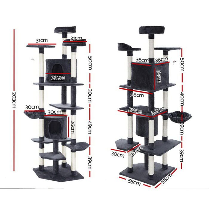 i.Pet Cat Tree 203cm Tower Scratching Post Scratcher Condo Trees House Bed Grey - Image 2