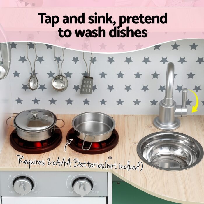 Keezi Kids Wooden Pretend Kitchen Play Sets Cooking Toys Oven Fridge 85CM Green - Image 5