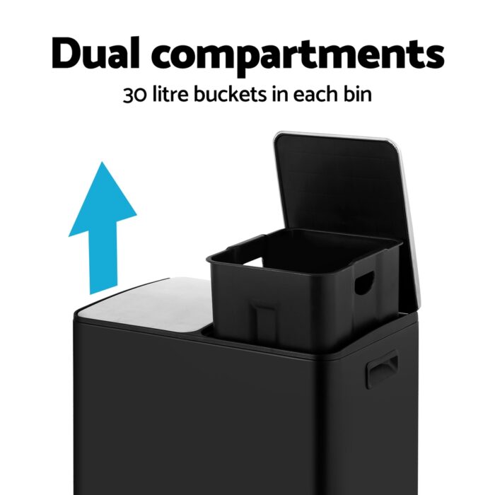 Cefito Pedal Bins Rubbish Bin Dual Compartment Waste Recycle Dustbins 60L Black - Image 4