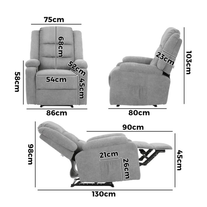 Oikiture Recliner Chair Padded Lounge With Side Pocket Polyester Grey - Image 6