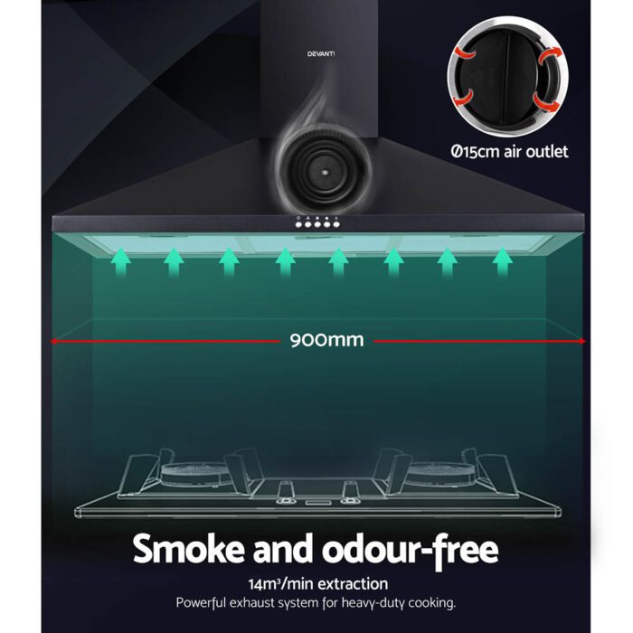 Devanti 900mm Range Hood 90cm Rangehood Black - Image 3