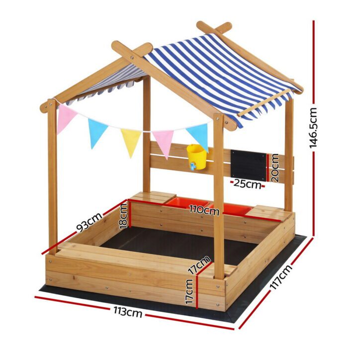 Keezi Kids Sandpit Wooden Sandbox Sand Pit with Canopy Water Basin Toys 146cm - Image 2