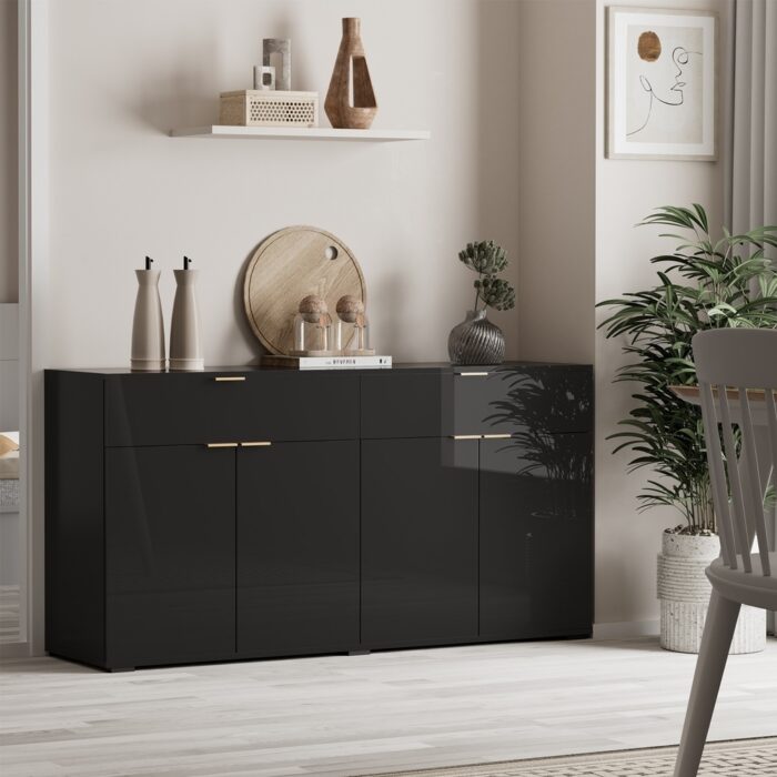 Oikiture Sideboard High Gloss 4 Doors 2 Drawers Black - Image 9