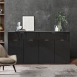 Oikiture Sideboard High Gloss 4 Doors 2 Drawers Black - Image 2