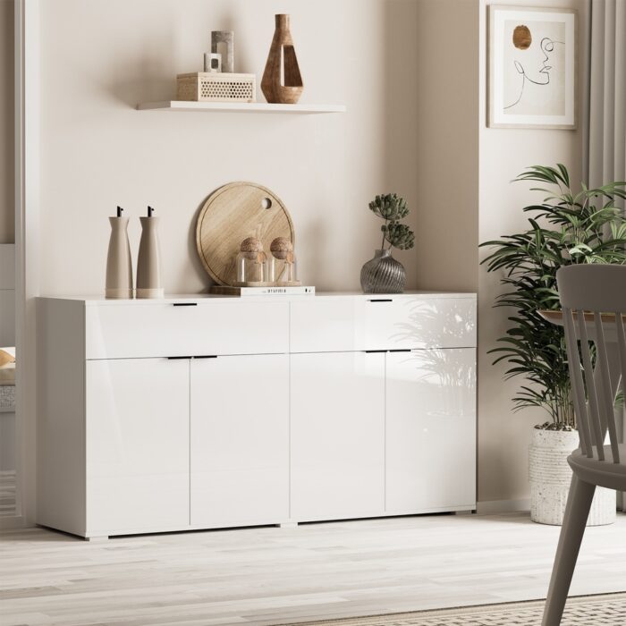 Oikiture Sideboard High Gloss 4 Doors 2 Drawers White - Image 4