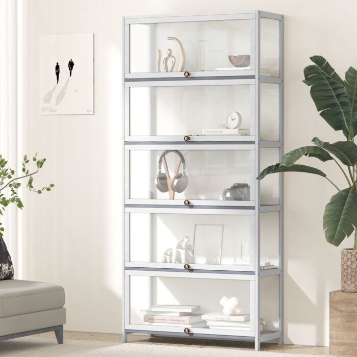 Oikiture Display Cabinet 5 Tiers Clear Door White - Image 3