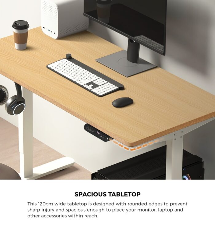 Oikiture 120CM Electric Standing Desk with Drawer Height Adjustable White & Oak - Image 2