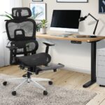 Oikiture Office Desk and Chair Set Mesh Ergonomic Chair Sit-stand Desk Black&Oak - Image 3