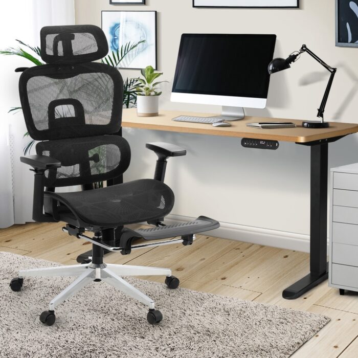 Oikiture Office Desk and Chair Set Mesh Ergonomic Chair Sit-stand Desk Black&Oak - Image 3