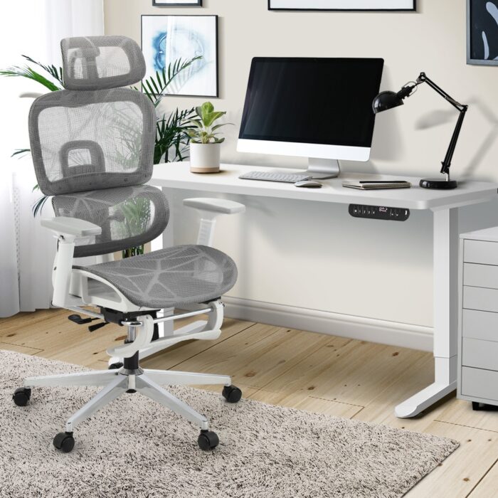 Oikiture Office Desk and Chair Set Mesh Ergonomic Chair Sit-stand Desk GY&WH - Image 8