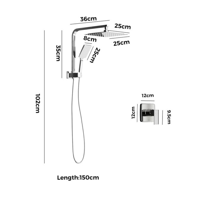 Welba 10" Rain Shower Head Set with Mixer Square 3-Mode Chrome - Image 7