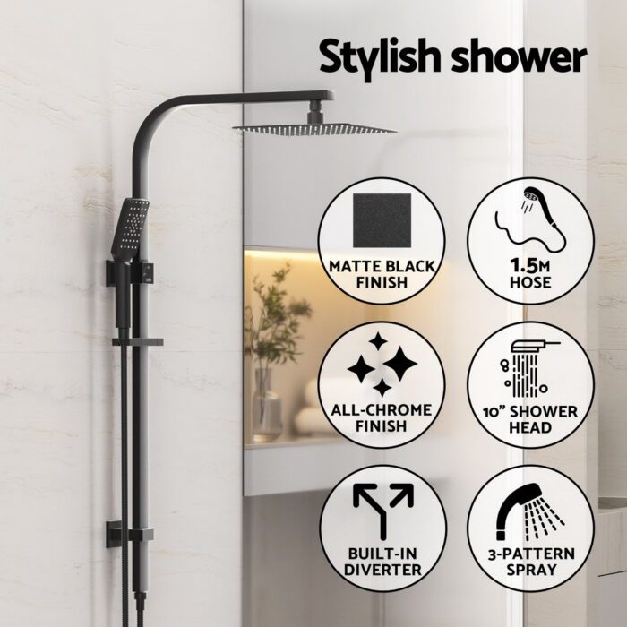 10'' Rain Shower Head Set Handheld Square High Pressure Black - Image 4