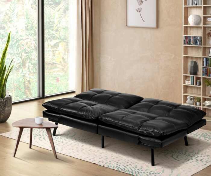 Oikiture Sofa Bed Futon Lounge Couch Convertible Leather 3-Seater Black - Image 4