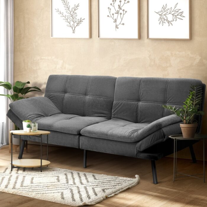 Oikiture Sofa Bed Futon Lounge Couch Convertible Polyester 3-Seater Grey - Image 3