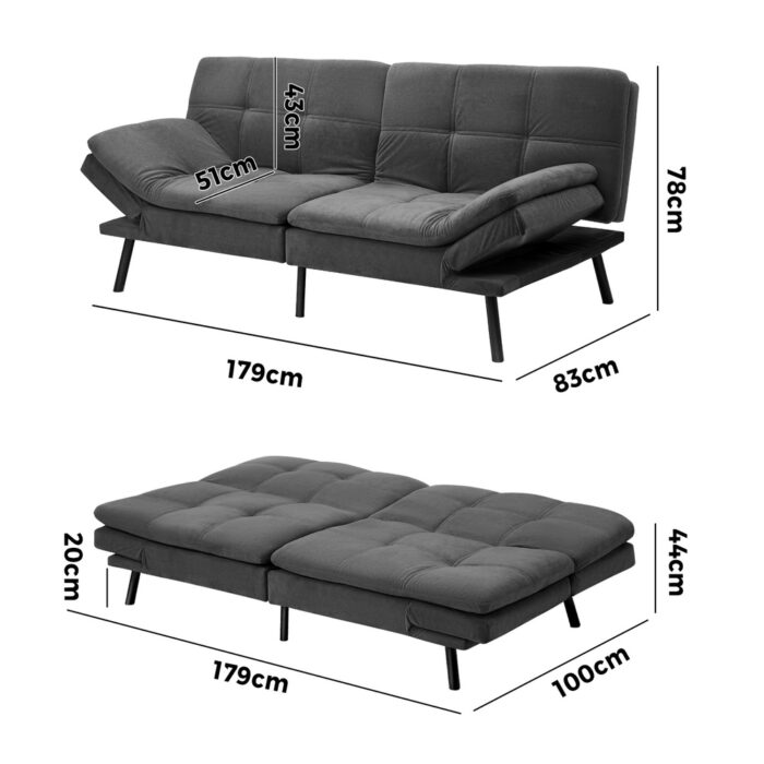 Oikiture Sofa Bed Futon Lounge Couch Convertible Polyester 3-Seater Grey - Image 5
