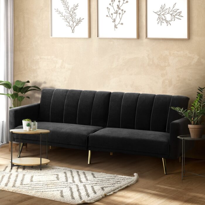Oikiture 3-Seater Sofa Bed Velvet Black - Image 7