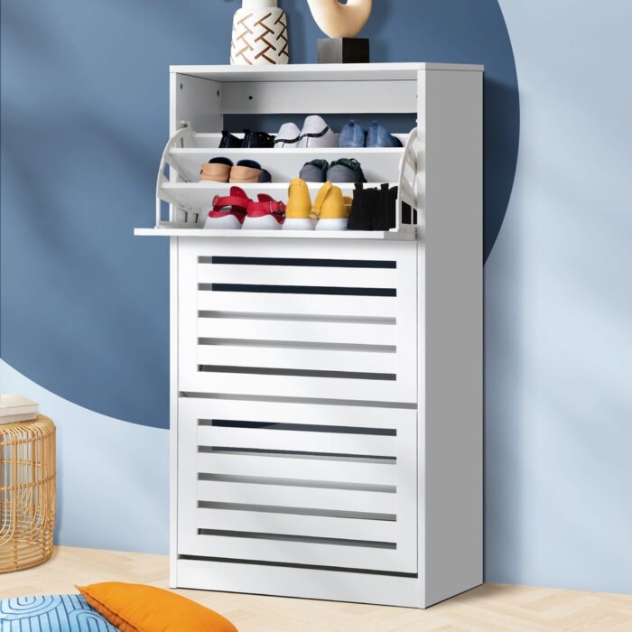 Oikiture Shoe Storage Cabinet 3 Compartments with Rows White - Image 5