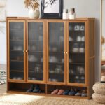 Oikiture Shoe Storage Cabinet 4 Doors 7 Shelves Brown - Image 2