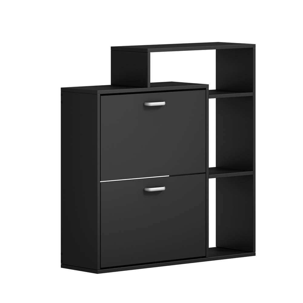 SS-VJ-2ROW-BK-01 Oikiture Shoe Cabinet Storage 2 Doors with Display Shelves Black - Image 1