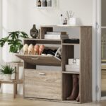 Oikiture Shoe Cabinet Storage 2 Doors with Display Shelves Wooden - Image 2