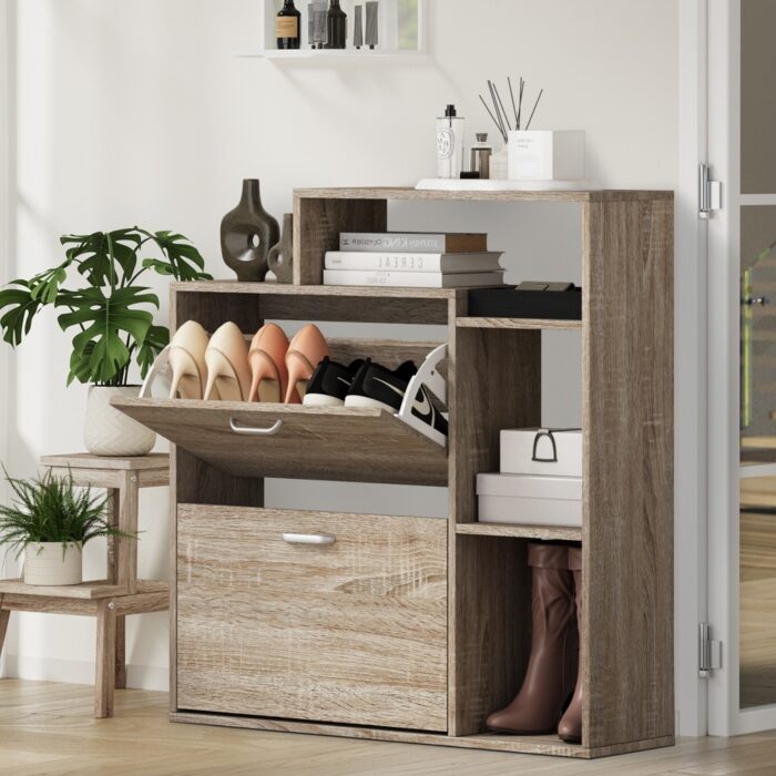 Oikiture Shoe Cabinet Storage 2 Doors with Display Shelves Wooden - Image 2