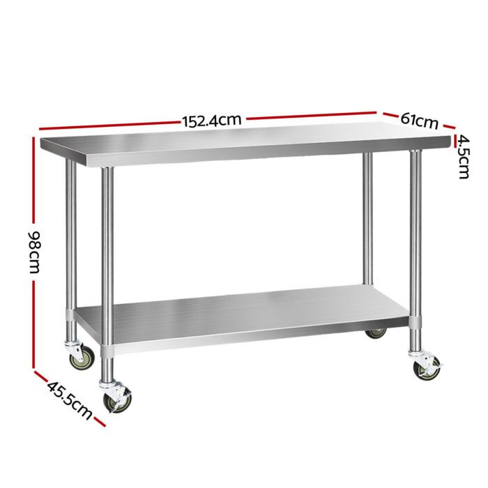 Cefito 1524x610mm Stainless Steel Kitchen Bench with Wheels 430 - Image 2