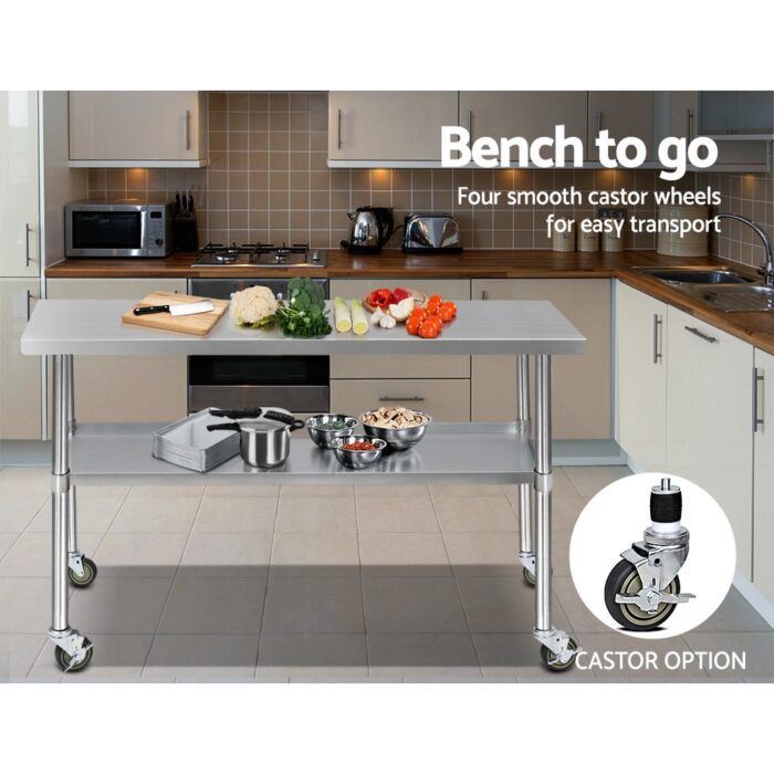 Cefito 1524x610mm Stainless Steel Kitchen Bench with Wheels 430 - Image 6